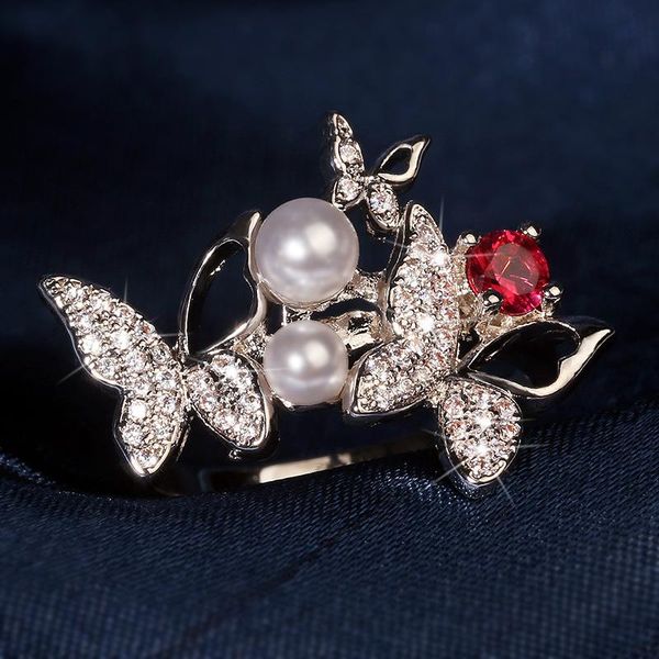 

cluster rings cute s925 silver color butterfly ring with pearl zircon stone for women wedding engagement fashion jewelry, Golden;silver