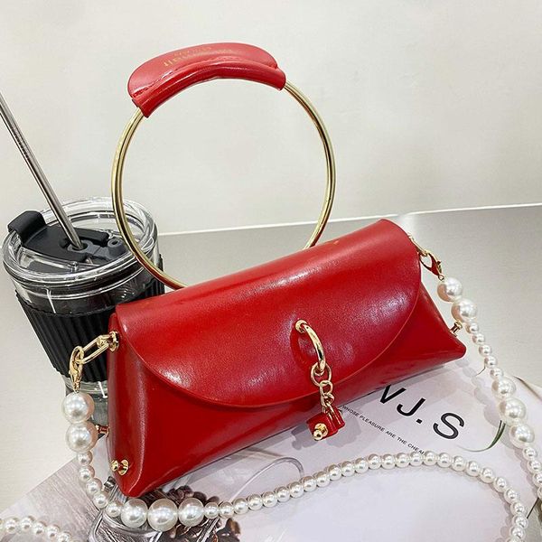 

female mini totes with metal handle high-quality pu leather women's handbag pearl chain lady shoulder messenger bag bags