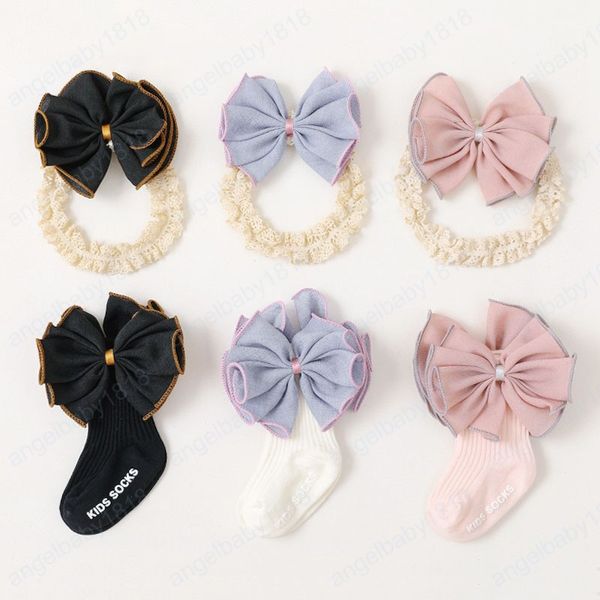 3 ШТ. / Установить Big Bowknot Baby Socks Оголовье Набор сладостных Упругое Кружева Малыш Девушка Принцесса Мягкие Антискальцы Младенческие Носки Малыша