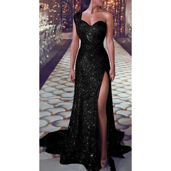 

sequin dress women one shoulder party ladies elegant robe ball gown gold bridesmaid v neck high split long dresss casual dresses, Black;gray