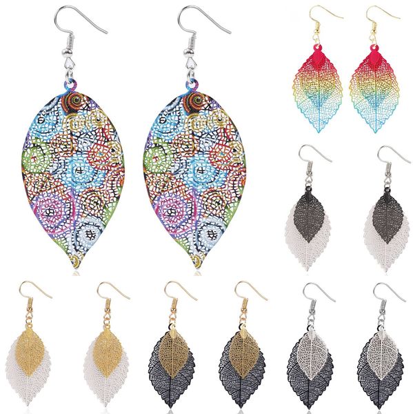 

colorful 6pairs 18k gold silver plated charm leaves leaf dangle set simple long bar double metal twist wave threader drop earrings for women, Golden