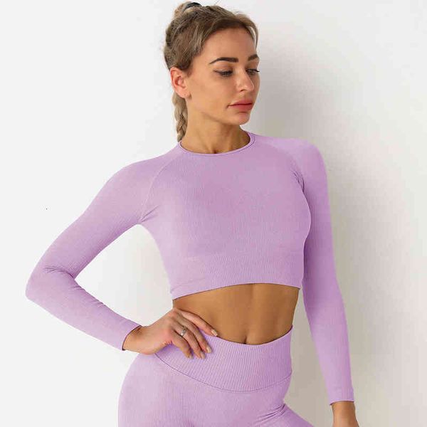

women's jackets knitted seamls fitns women's tight quick drying t-shirt autumn and winter sports et open navel yoga suit, White