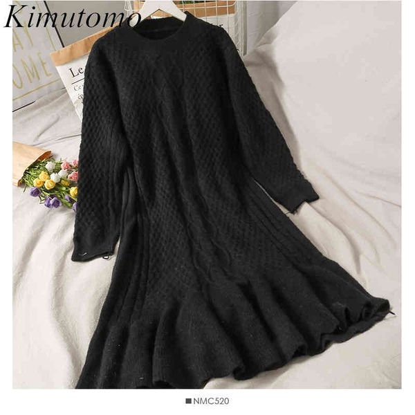 

kimutomo women knitted dress spring autumn french style ladies o-neck solid long sleeve slim ruffles trumpet elegant 210521, Black;gray