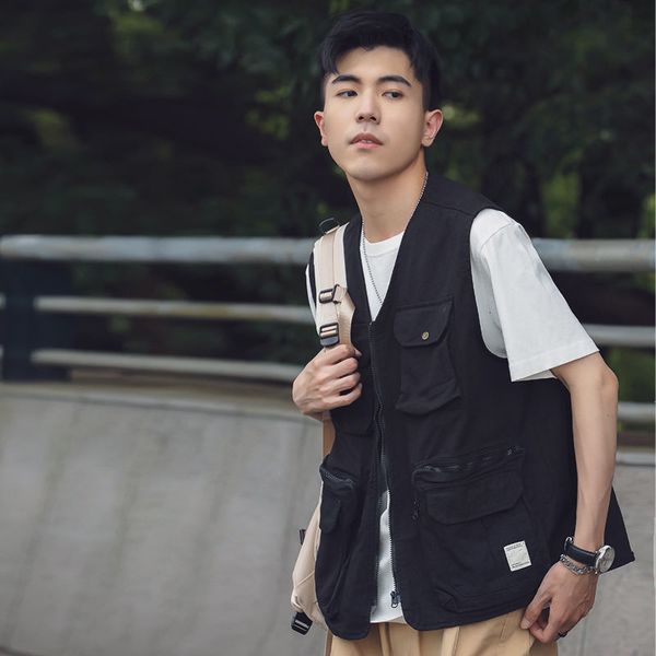 

men's vests privathinker - men's sleeveless jacket, large pocket hip-hop vest design, retro american cardigan, harajuku fashion, Black;white