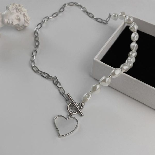 

chokers cosysail ins simple pearl stainless steel splicing necklace for female punk love heart pendant ot buckle couple jewelry, Golden;silver