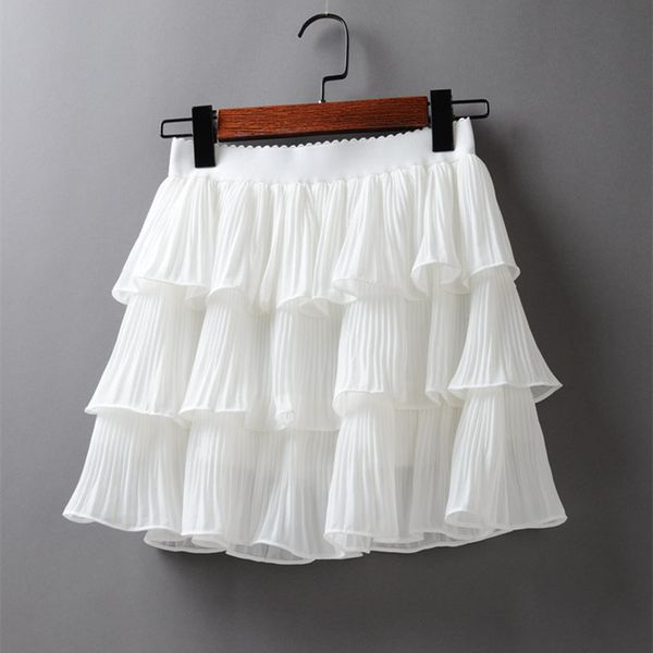 

summer women elasticity waist mini skirt ladies chiffon casual cake s black white femme pleated s 220314