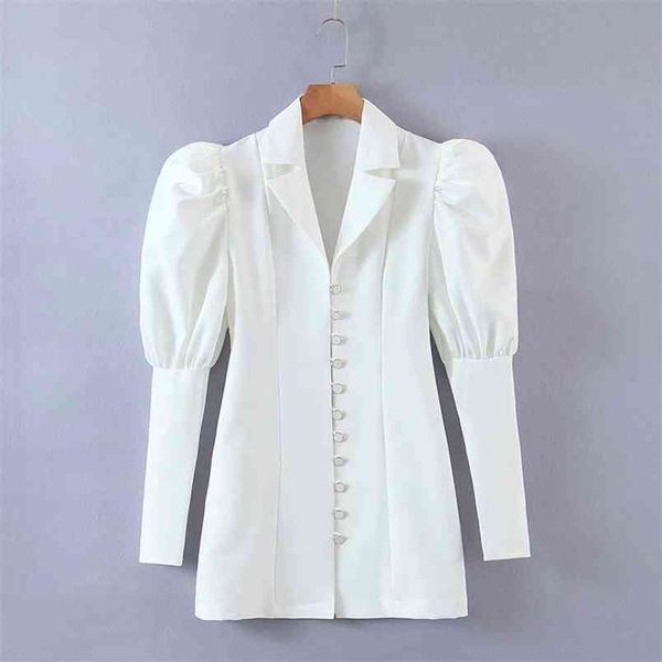 

women vintage solid color dress puff sleeve v-neck single-breasted tight vestidos 210531, Black;gray