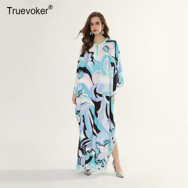 

truevoker autumn runway dress women's batwing sleeve blue geometry print knitting cotton floor-length dresses plus size casual, Black;gray