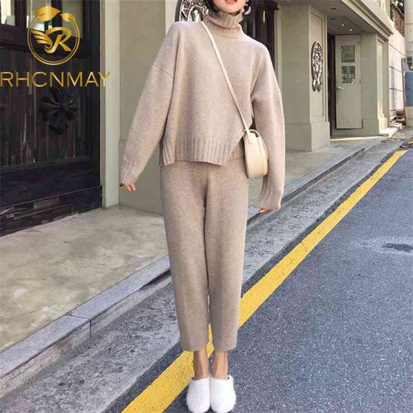 

autumn winter knitted tracksuit turtleneck sweatshirts fashion women suit clothing 2 piece set knit pant female pants suit 210506, White