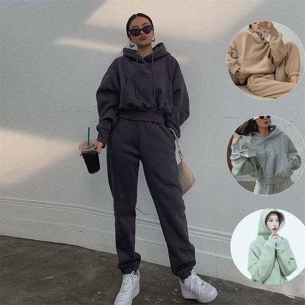 

2 piece set tracksuit womens sports outfits hoodies pants suit winter spring sweatshirts pullover home sweatpants solid casual 211126, White