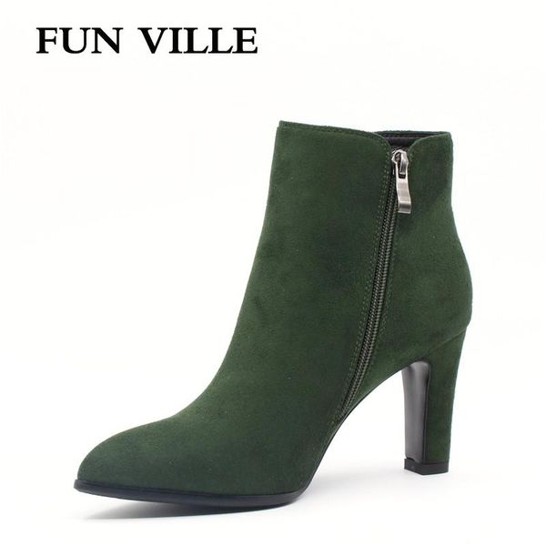 

boots fun ville 2021 autumn winter women ankle hignt quality flock green pointed toe zipper size 35-42, Black