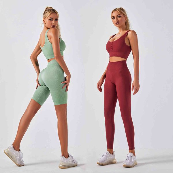 

outdoor indoor exercise fitness suitshark knit 2021gym seamless button sports bra high waist yoga pants set, Gray