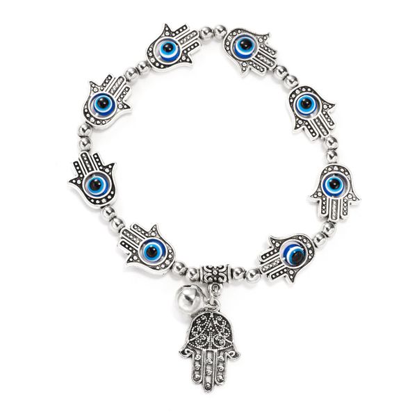 

antique silver plated fatima hand evil eye charm bracelet stretch bracelets with small bell, Golden;silver