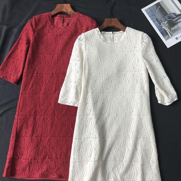 

france 21 early spring hook flower three dimensional hollow out water soluble lace dress women's quarter sleeve over the kne casual dre, Black;gray