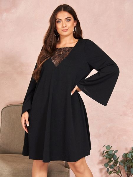 

plus lace panel dress b7vs#, Black