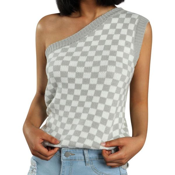 

women's sweaters ladies summer knitted girls leisure style double color plaid sloping shoulder knitwear sleeveless base shirt, White;black