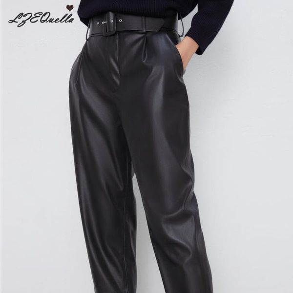

women's pants & capris lzequella women black pu suit high waist sashes pockets 2021 office ladies leather trousers nz1771, Black;white