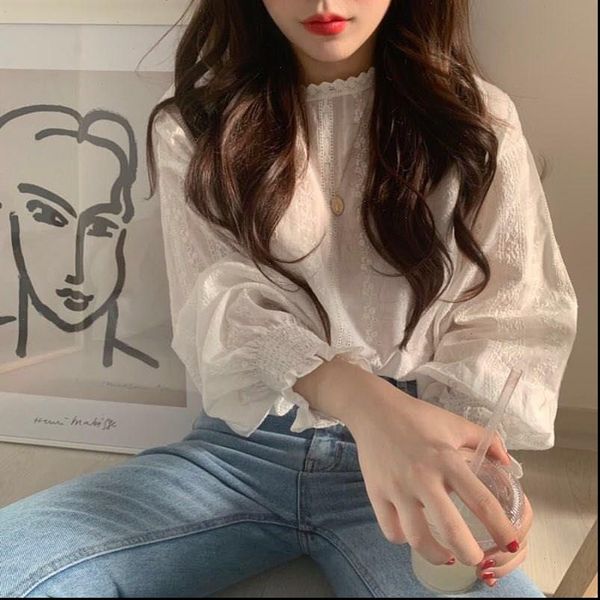 

lace bottoming casual women blouses chiffon round neck summer long sleeved, White