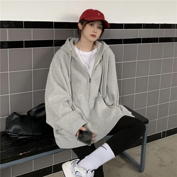

women's hoodies & sweatshirts autumn winter thick hooded sweatshirt women jacket korean long sleeve coat loose zipper cardigan streetwe, Black