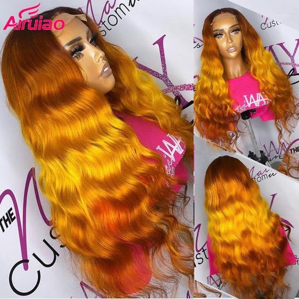 

orange ginger color wigs for women human hair ombre body wave deep part wig hd lace preplucked baby remy wig1, Black;brown