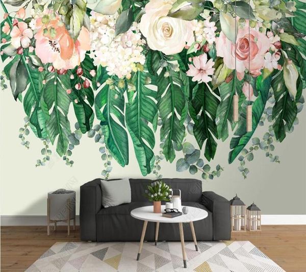 

wallpapers papel de parede modern fresh flowers and green leaves 3d wallpaper,living room tv background kitchen bedroom home decor