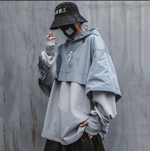 

spring streetwear fashion sweatshirt techwear kanji patchwork hoodie for men women, Black