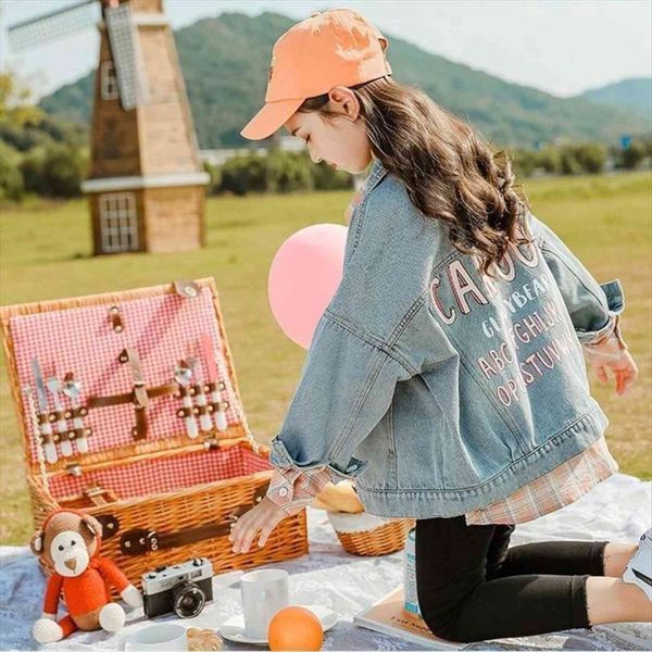 

girls denim coat 3 15 years old childrens clothing letter turn down collar korean spring and autumn kids casual clothes, Blue;gray