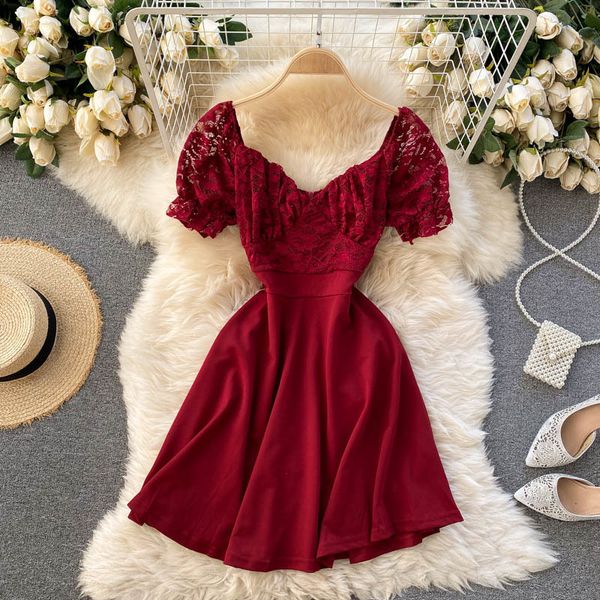 

two piece dress korean fashion women lace 2021 spring summer short sleeve v-neck mini hollow out high waist a-line party 7vbu, White