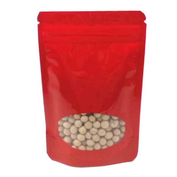 

storage bags 100pcs/lot stand up glossy red mylar foil resealable pack bag with clear window zipper waterproof pouches for