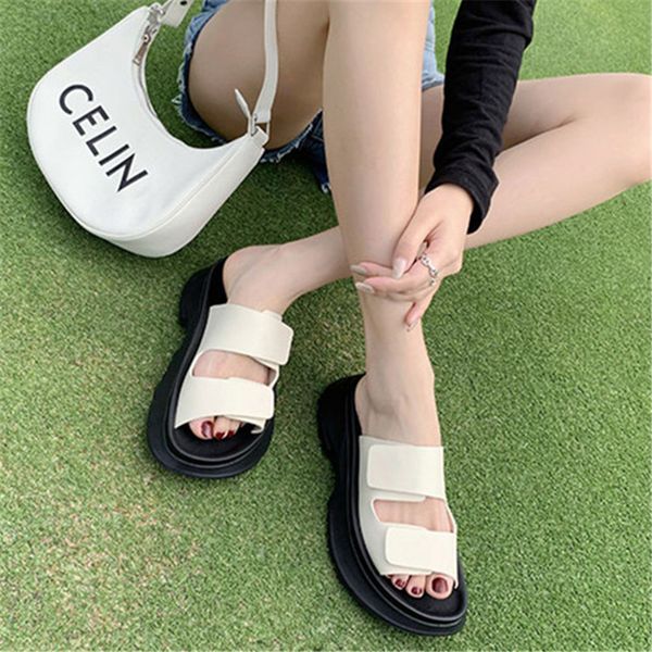 

luxury slippers 2021 muffin thick bottom women wear ins fashion net red leather magic patch cool slippers outside in summer, Black