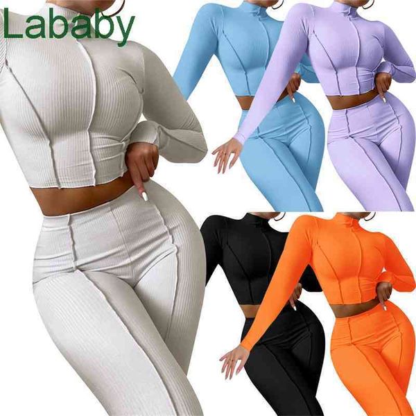 

women tracksuits two piece set designer ribbed knitted autumn reverse wear design outfits medium high collar thread high waist slim fit sets, Gray