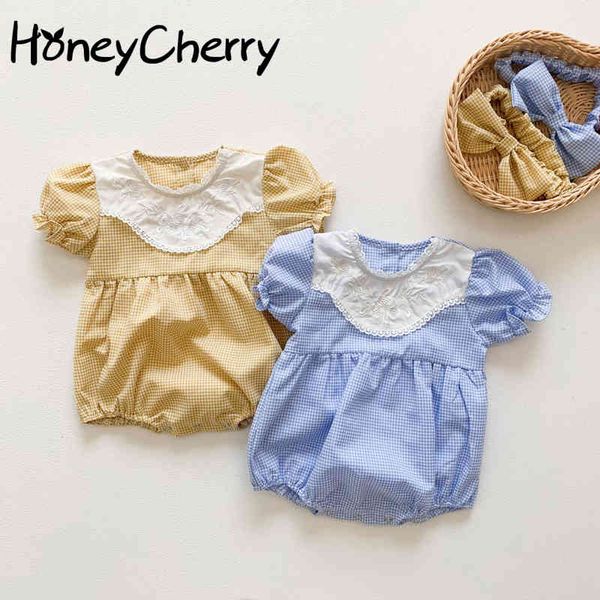 

summer plaid baby one-piece with hair band short-sleeved bodysuits girl clothes 210515, Blue