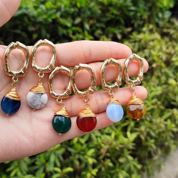 

stud fashion lady natural stone round geometric dangle ear earrings jewelry gift bohemian accessories aretes cortos mujer 2021, Golden;silver