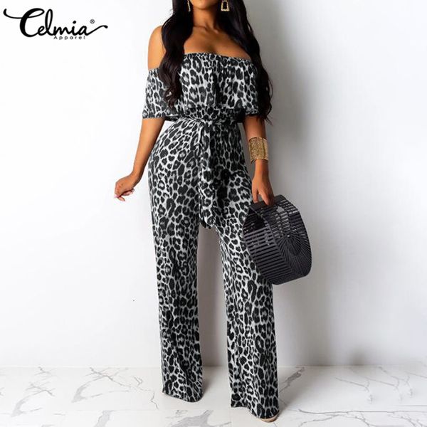 

jumpsuit celmia women off shoulder summer jumpsuits short sleeve leopard print bodycon rompers sashes elegant fashion party overalls, Black;white