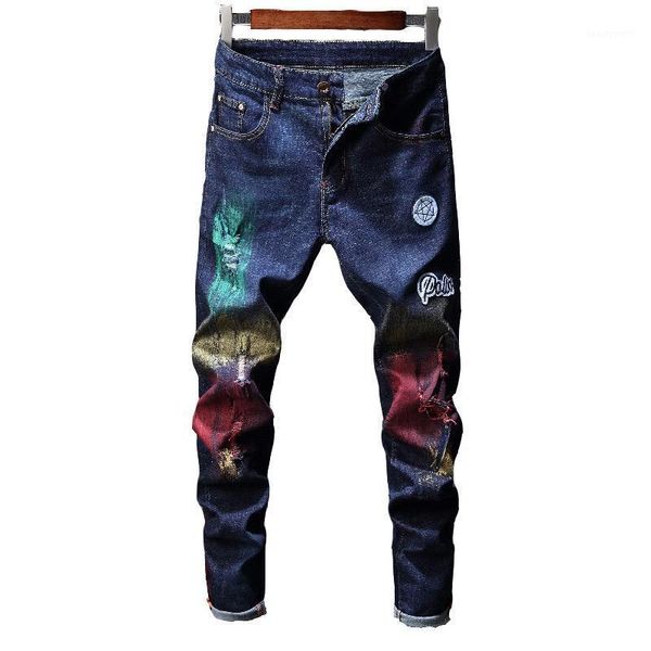 

men's jeans design skinny men streetwear printed punk pants, Blue