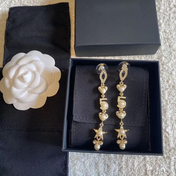

women's designer earrings classic double letter logo new pearl peach heart five pointed star pendant earrings l0-c18, Golden;silver
