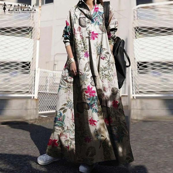

casual dresses zanzea dress female autumn long sleeve loose robe vintage women floral printed sundress vestidos plus size, Black;gray