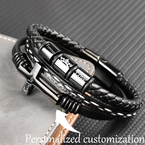 

charm bracelets mingao custom engraved family name beads cross black braided leather stainless steel for men fathers, Golden;silver