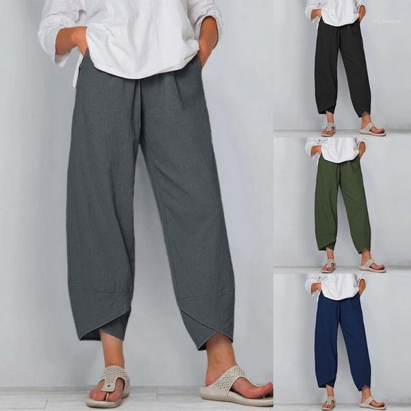 

women's pants & capris vintage cotton linen summer trousers casual elastic waist asymmetrical pantalon female cropped oversized 5xl, Black;white