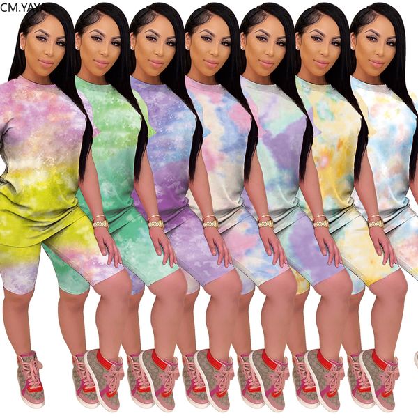 

summer women tie dye print patchwork two pieces sets trasuits short sleeve t-shirts shorts leggings suit fitness 2pcs outfitby, White