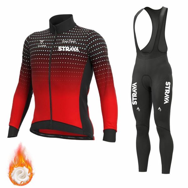 

racing sets strava team winter thermal fleece cycling clothes men long sleeve jersey suit outdoor riding bike mtb clothing bib pants set, Black;blue