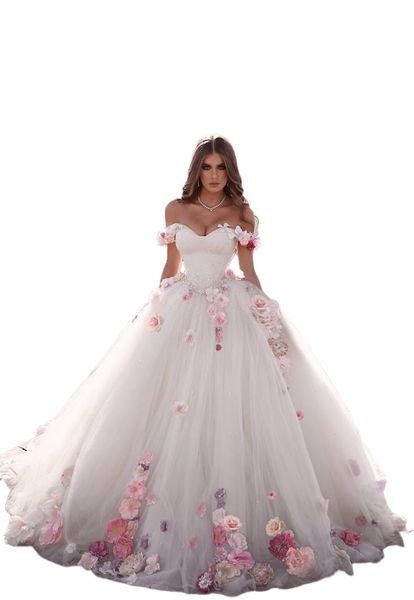 С открытыми плечами Красочные 3D цветы Тематическое свадебное платье Золушки Бальное платье Романтический шлейф289I