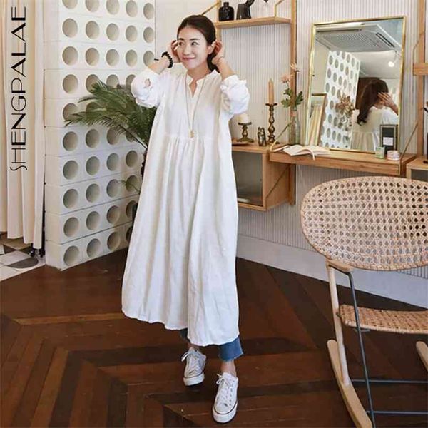 

shengpllae minimalist dress women's spring round neck single breasted large size long sleeve simple mid-calf dresses 210427, Black;gray