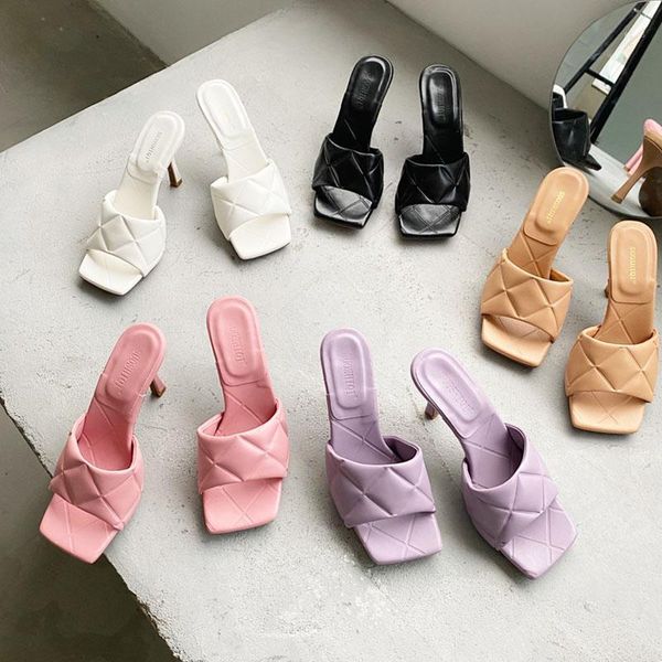 

fashion brand slippers women square toe high heels sandal diamond embossing slides house outdoor flip flops zapatillas mujer1, Black