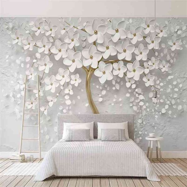 Custom qualsiasi taglia murales carta da parati 3D stereo fiori bianchi pittura murale soggiorno tv sofà camera da letto sfondo parete papel de parede 210722