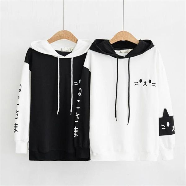 

japanese harajuku anime cat kawaii embroidery sleeve printing student school girls clothes sweatshirt drop men's hoodies & sweatshirts, Black