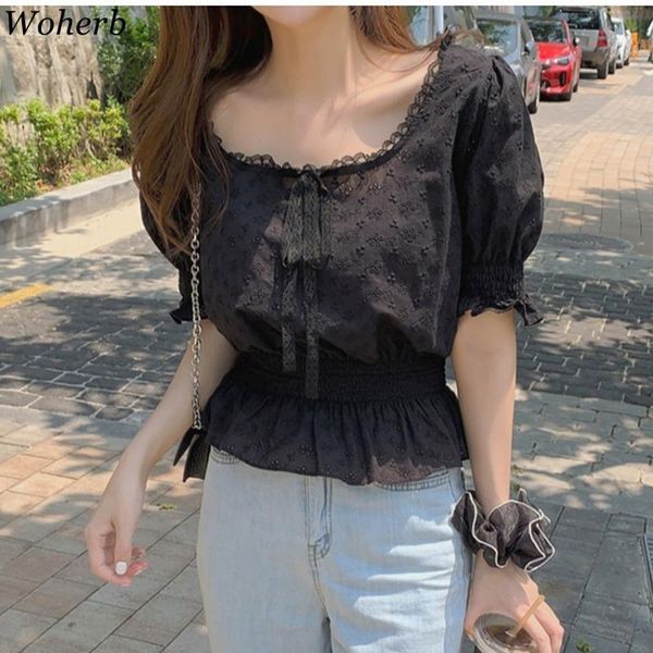 

women's blouses & shirts woherb korean chic mujer summer lace up patchwork o-neck puff sleeve blusas folds slim waist women, White