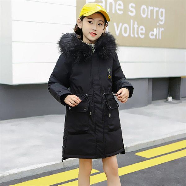 

down coat winter girls outerwear hooded fur collar jackets outwear thicken warm parkas age for 7-14yrs mid big children clothes, Blue;gray