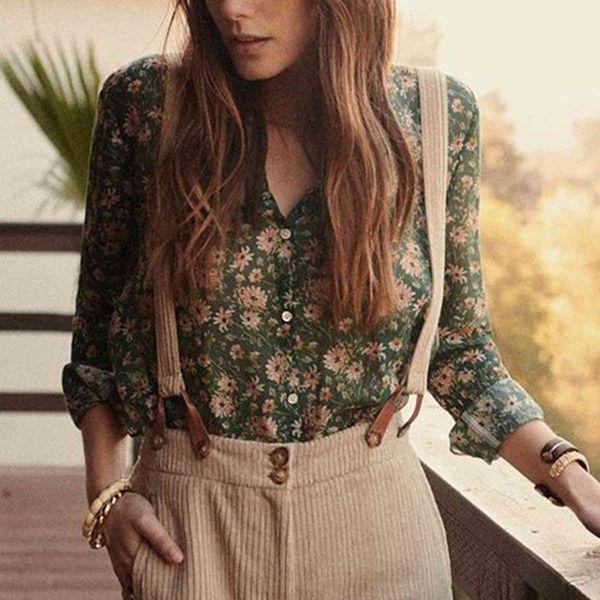 

blouses floral print chic blouses women long sleeve button casual shirt autumn green vintage blusas mujer de moda n246, White