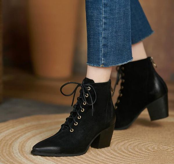 

designer british style women lace-up martin boots genuine leather luxury vintage ankle boots pointed toes chunky heel fashion lady high fash, Black